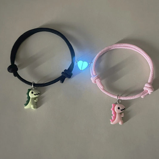 2 pieces/set green pink dinosaur pendant couple bracelet
